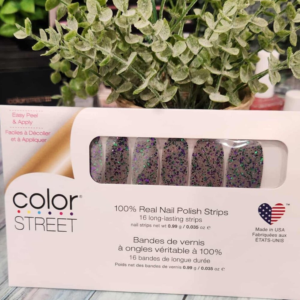 Color Street Green and Purple Glitter Press On Nail Design